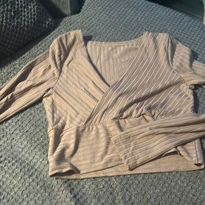 SHEIN Tan Ribbed Wrap Blouse with 3/4 Sleeves